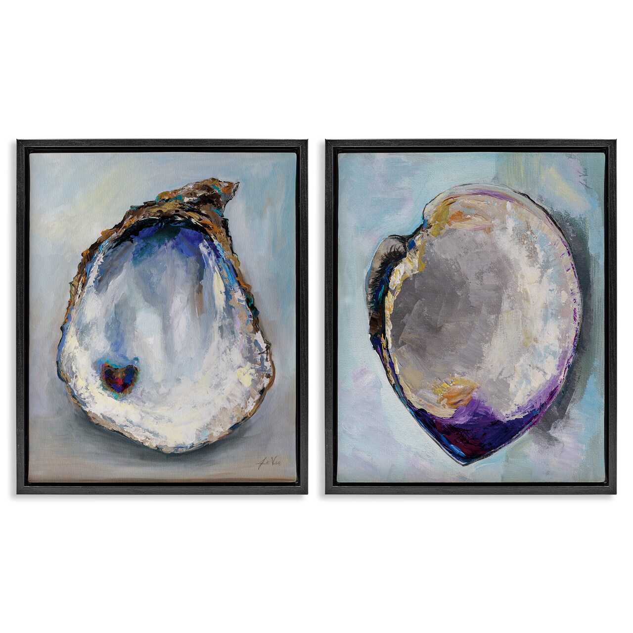 Stupell Industries Open Oyster Clam Shell 2 pc Framed Floater Canvas Wall Art Set Design by Jeanette Vertentes